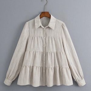 SHEIN Pinstripe Ruffle Hem Button Up Blouse